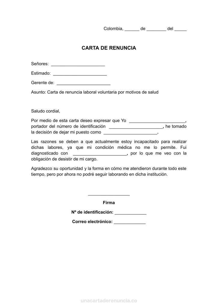 plantilla de carta de renuncia laboral por motivos de salud para imprimir