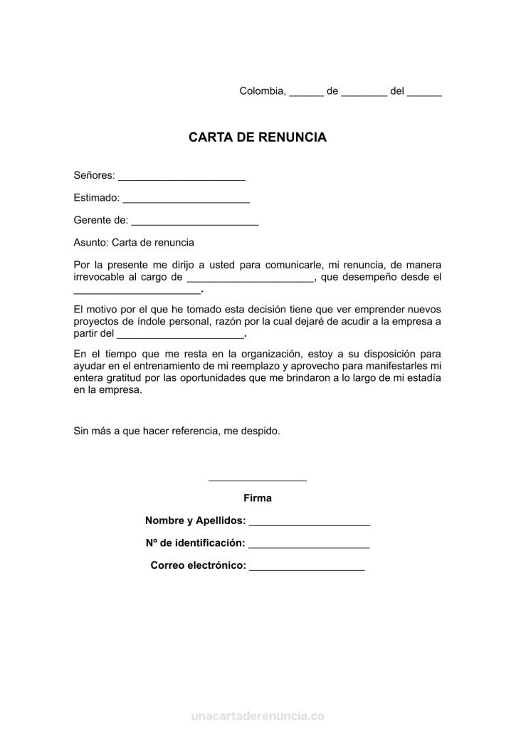 plantilla de carta de renuncia a una empresa con contrato indefinido para imprimir