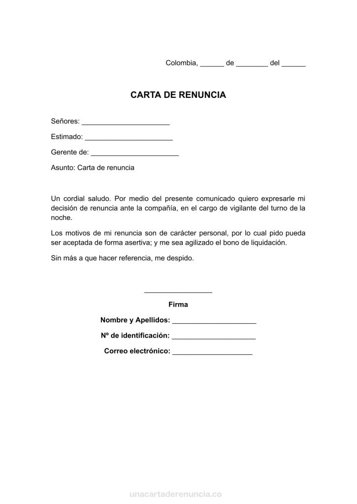 plantilla de carta de renuncia a cargo de vigilante para imprimir