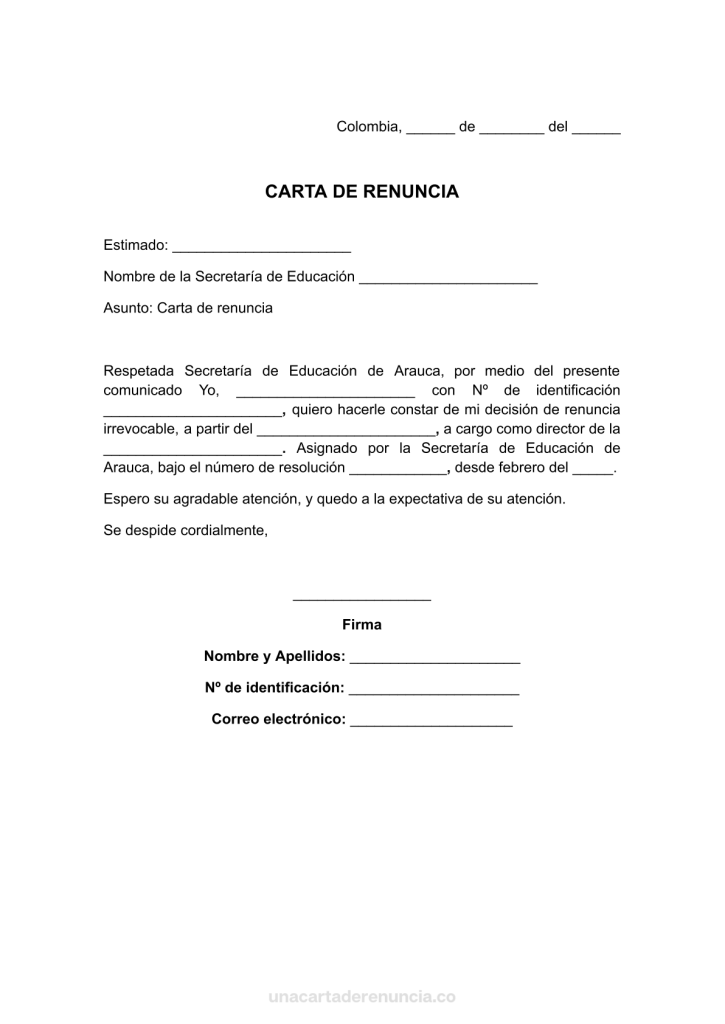 plantilla de carta de renuncia irrevocable ante secretarias de educación para imprimir