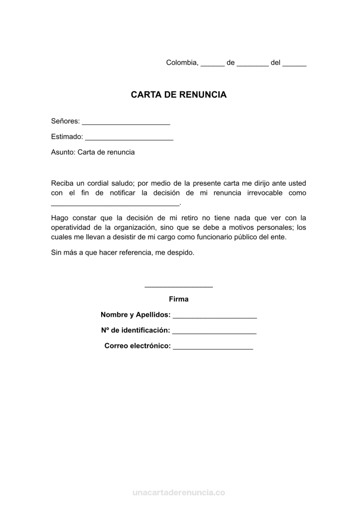 plantilla de carta de renuncia irrevocable como funcionario público de municipio para imprimri