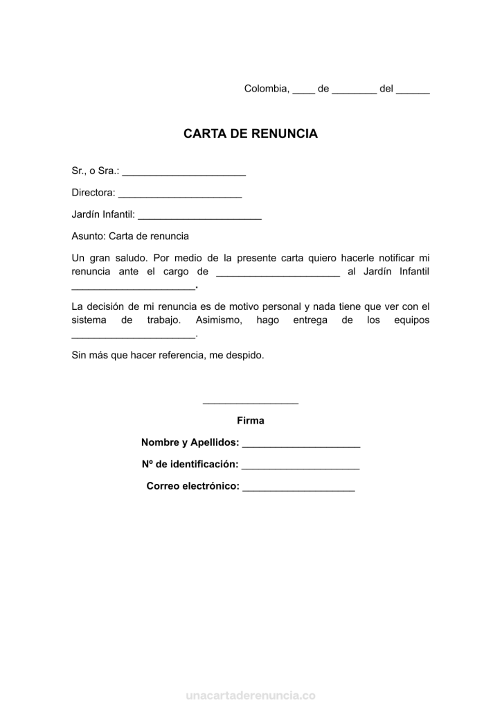 plantilla de carta de renuncia irrevocable de jardín infantil para imprimir