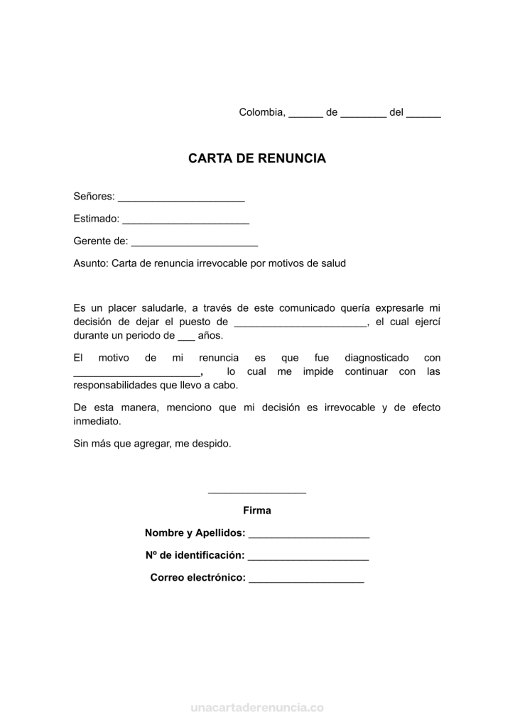 plantilla de carta de renuncia irrevocable por motivos de salud para imprimir