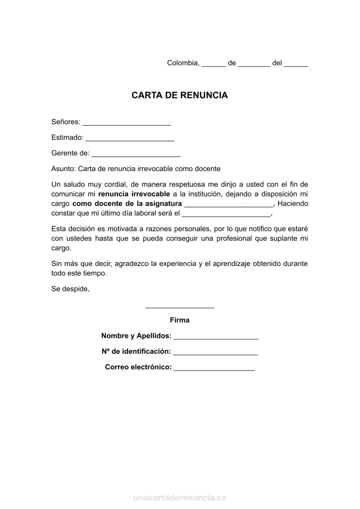 plantilla de carta de renuncia irrevocable como docente para imprimir