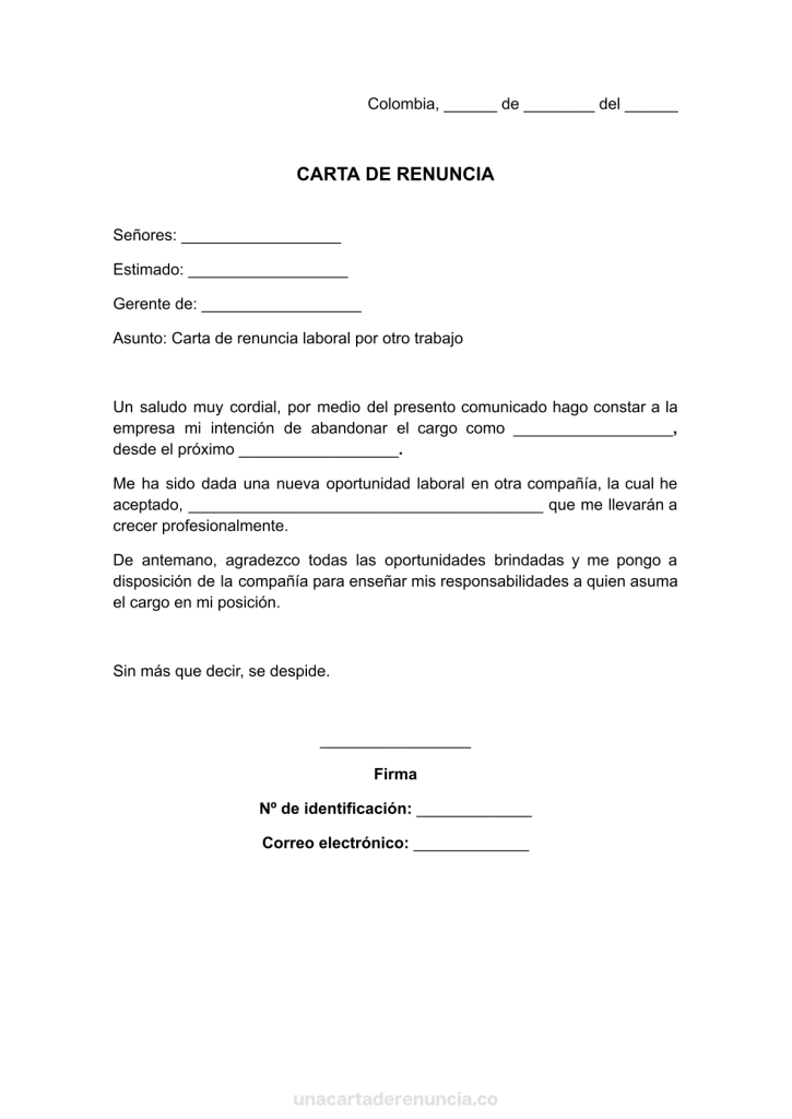 plantilla de carta de renuncia laboral por otro trabajo para imprimir