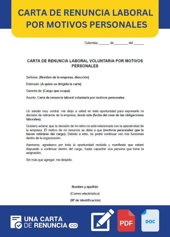 ejemplo de carta de renuncia laboral voluntaria por motivos personales
