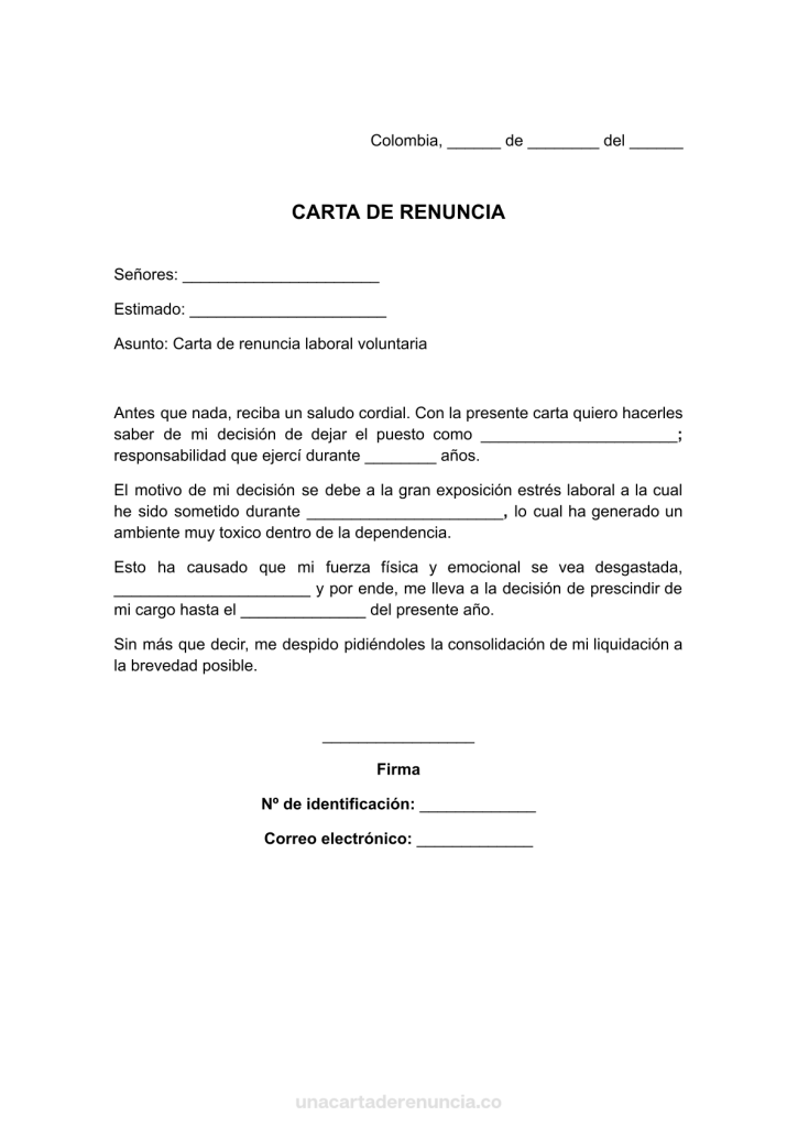 plantilla de carta de renuncia por estrés laboral para imprimir