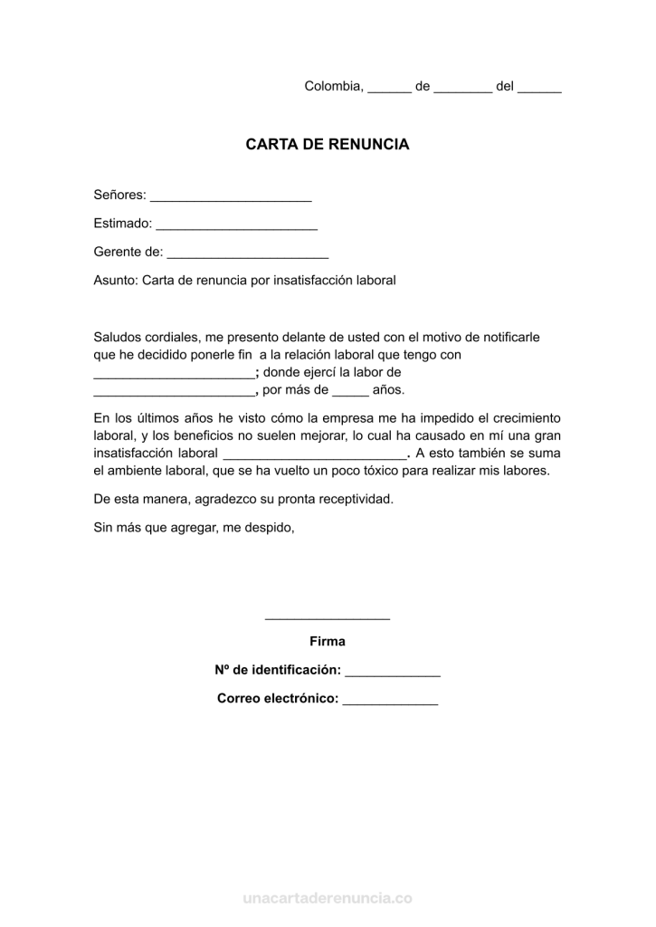 plantilla de carta de renuncia por insatisfacción laboral para imprimir