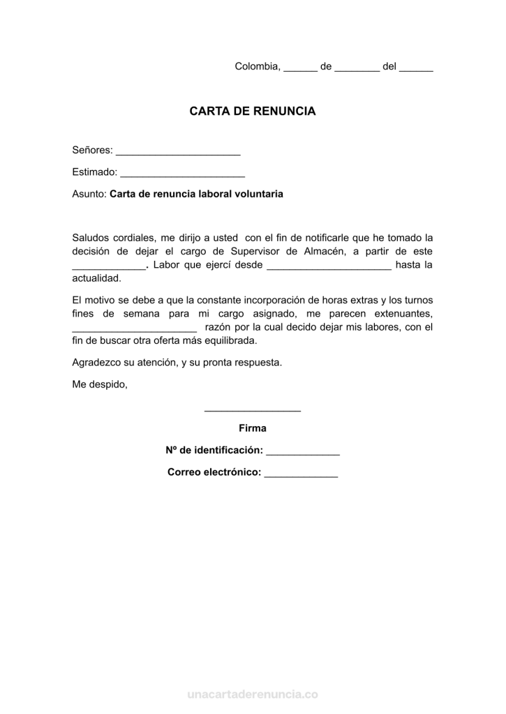 plantilla de carta de renuncia por sobrecarga laboral para imprimir
