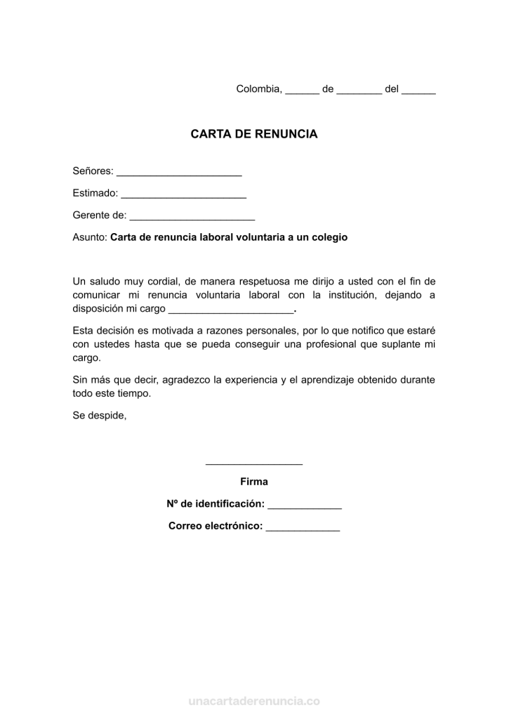 plantilla de carta de renuncia voluntaria a un colegio