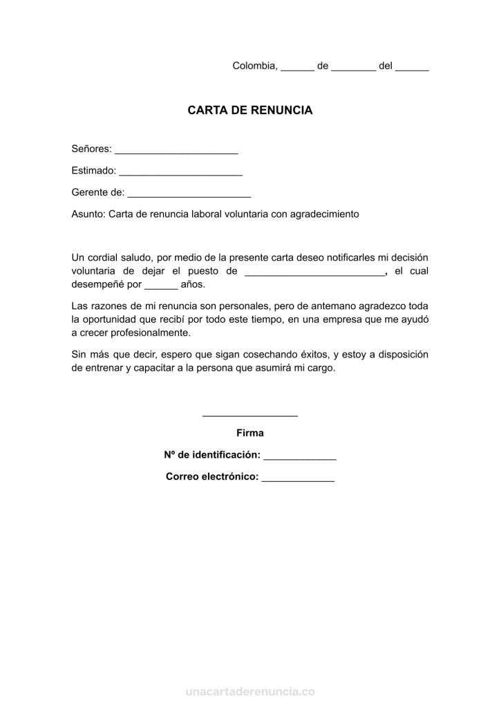 plantilla de carta de renuncia voluntaria con agradecimiento