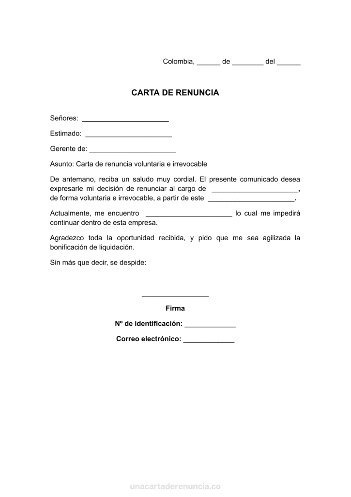 plantilla de carta de renuncia voluntaria e irrevocable para imprimir