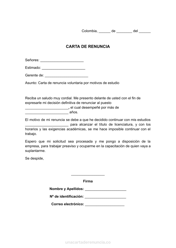 plantilla de carta de renuncia voluntaria por motivos de estudio